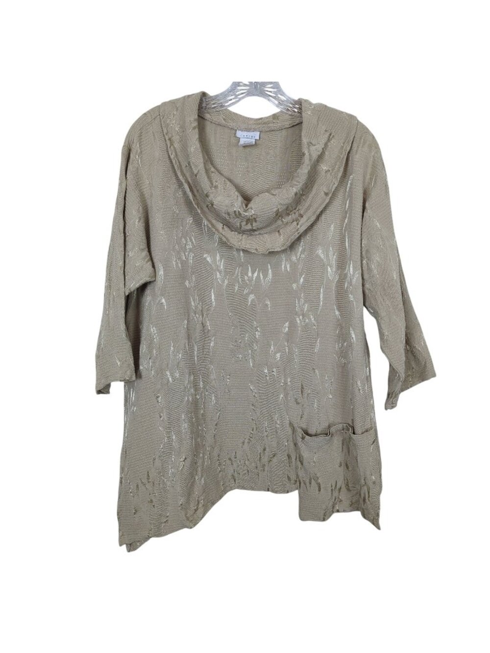 Caribe 3/4" sleeve cowl neck asymmetrical hem pocket Lagenlook beige Tunic sz M